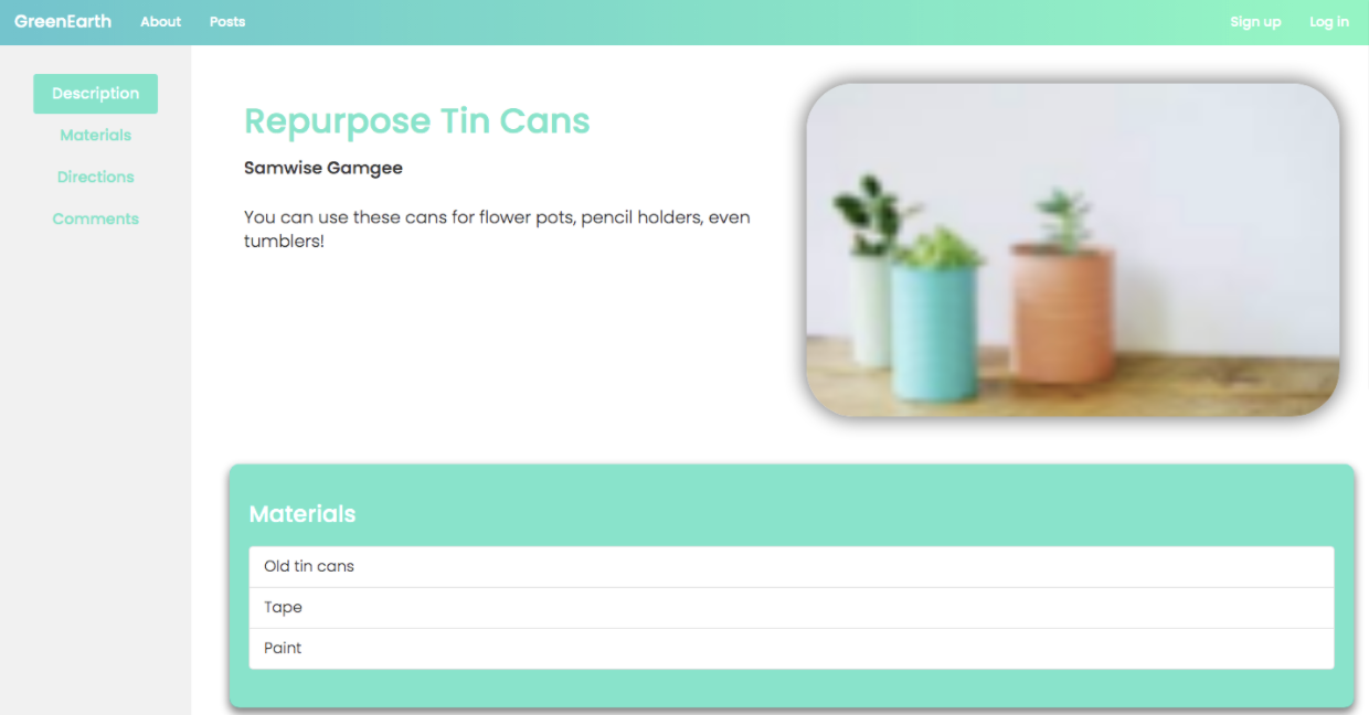 GreenEarth website with a description of how to repurpose tin cans into flower pots, pencil holders, even tumblers. 