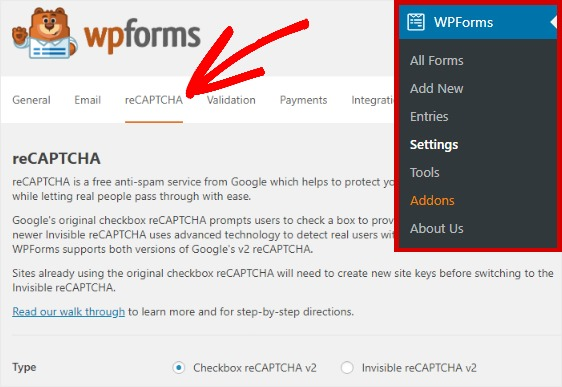 Install recaptcha for wpforms