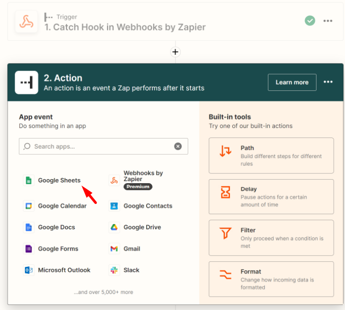 select google sheets action in zapier