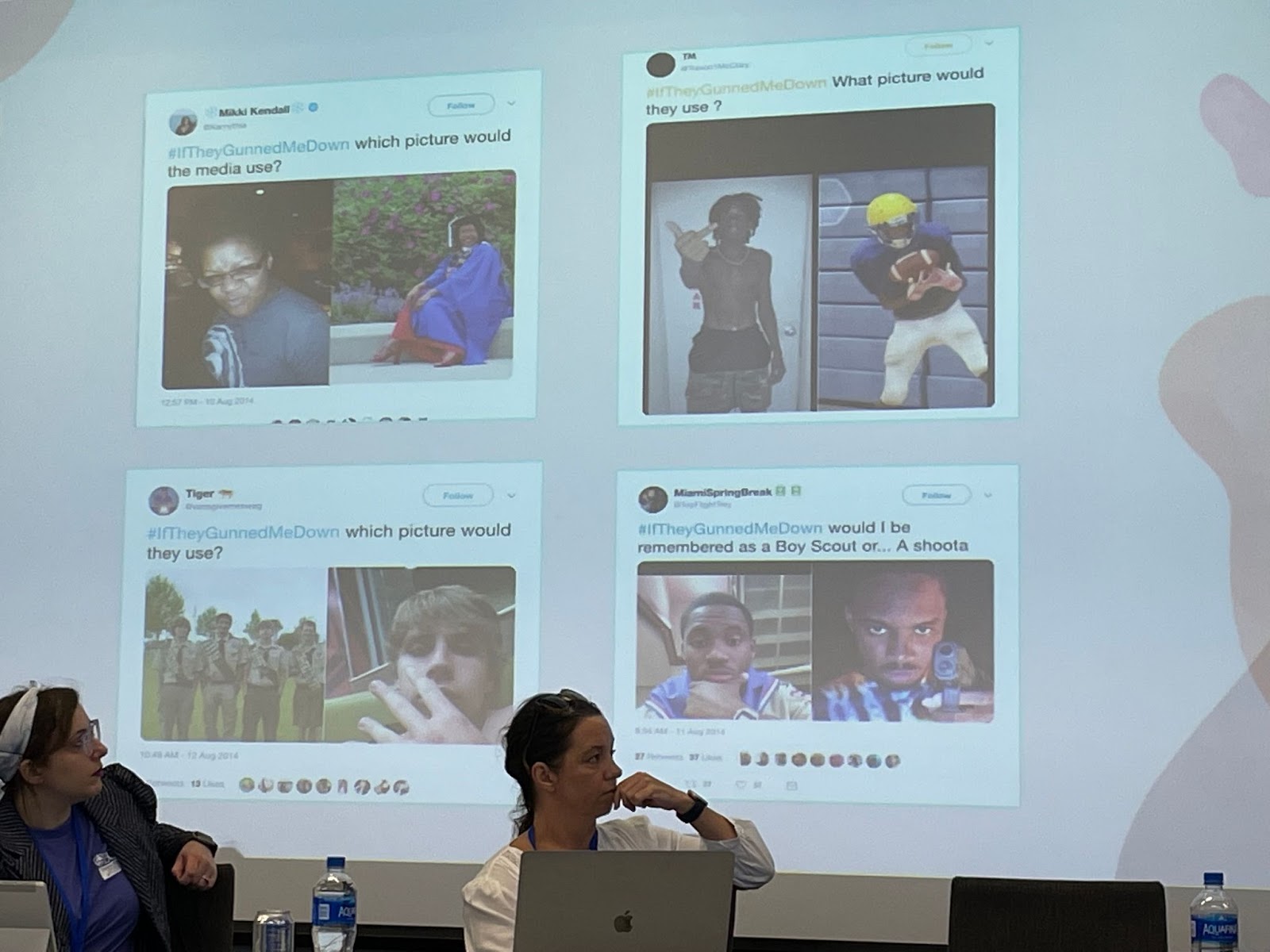 Shelton’s slide shows four #iftheygunnedmedown tweets which use juxtaposition to highlight the dissonance between dominant narratives and counterstories of identity and representation. 