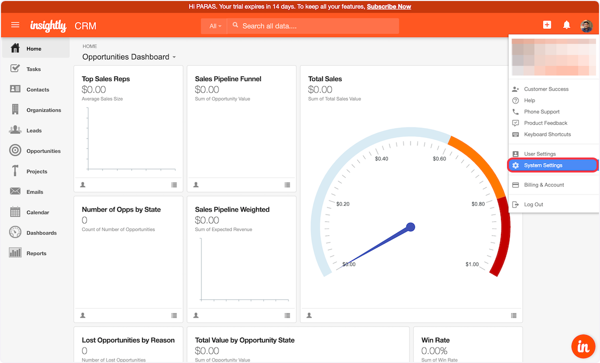 Navigate to the top right admin icon and select System Settings.