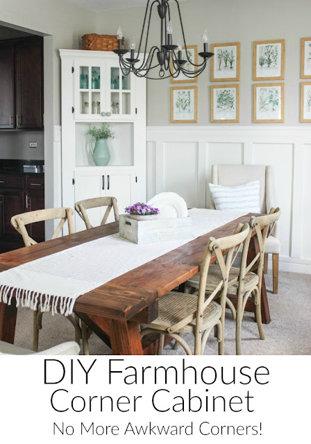 Stumped on how to decorate the awkward corner in your home? Add instant charm and function to the unused space with this DIY farmhouse style corner cabinet!