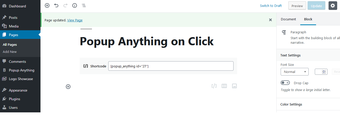 Popup anything on a click WordPress plugin