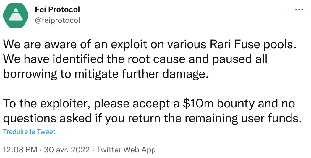 Rari Capital is offering the striker a reward of $ 10 million.