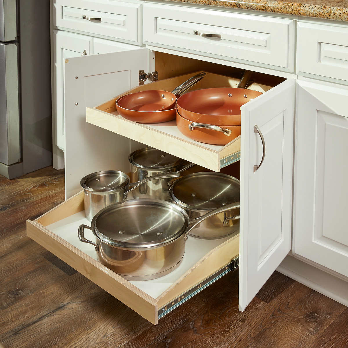 Install Pullout Shelves In A Narrow Area Underneath The Countertop