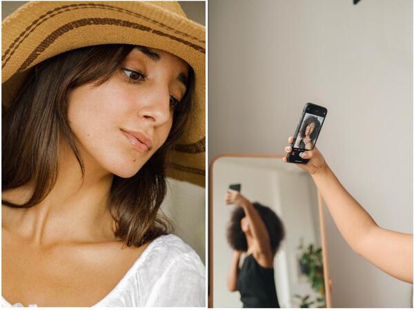 Montagem de duas fotos com pessoas tirando uma selfie