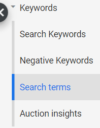 screenshot of the Google Ads keyword drop down menu with search terms highlighted