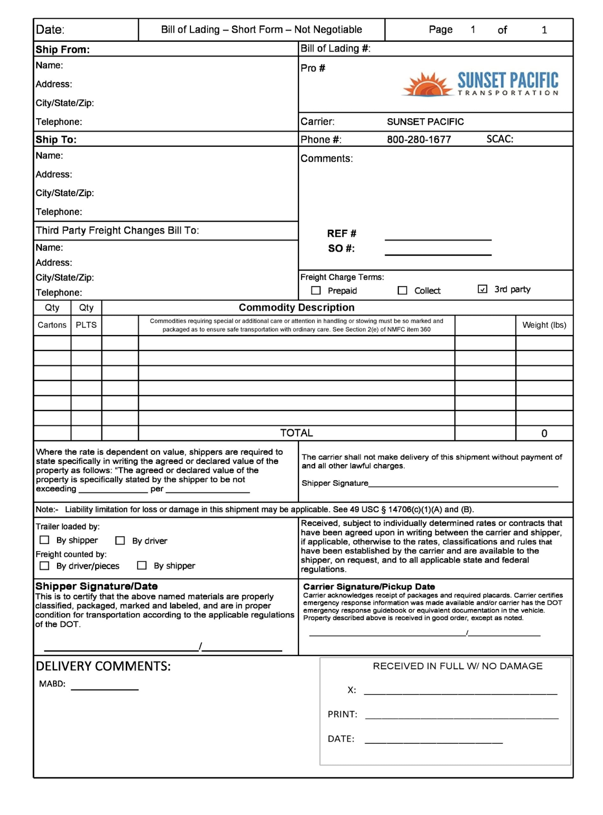Sample of a Bill of Lading Form