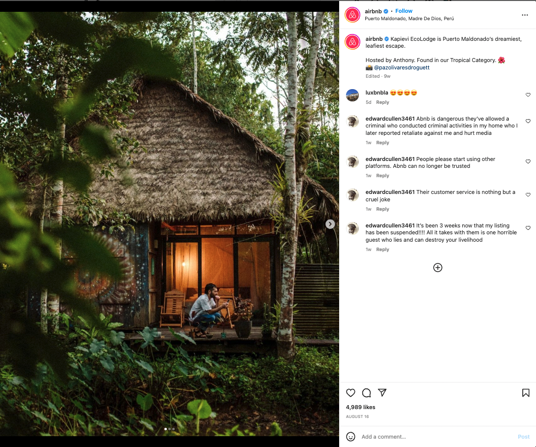 example of user-generated content for a successful black friday ecommerce holiday per Airbnb's instagram, showing a cozy jungle cottage