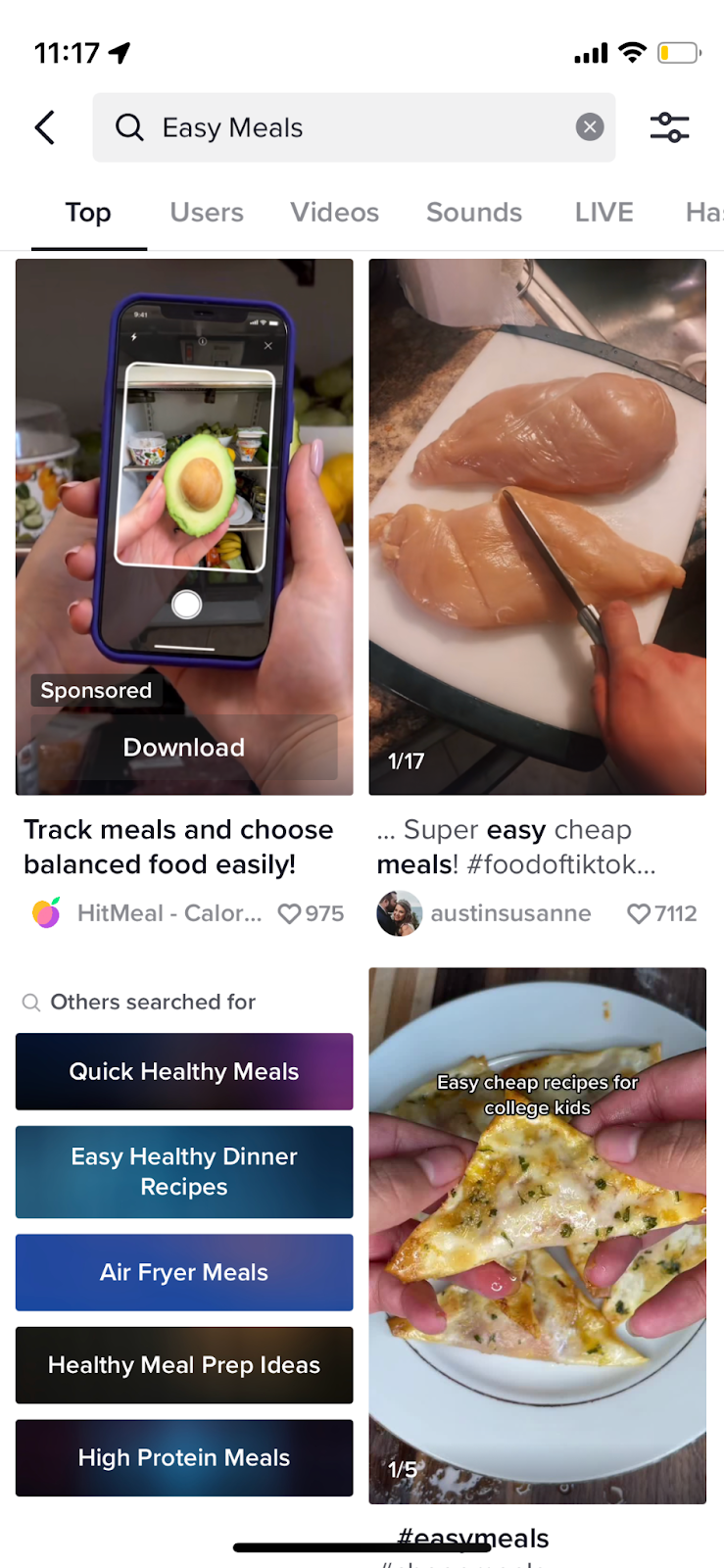 Screenshot of TikTok search results for "Easy Meals," which includes a sponsored result.