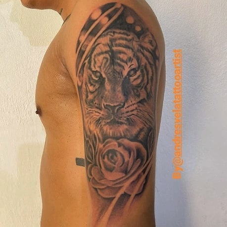 Amazing Tiger And Rose Tattoo