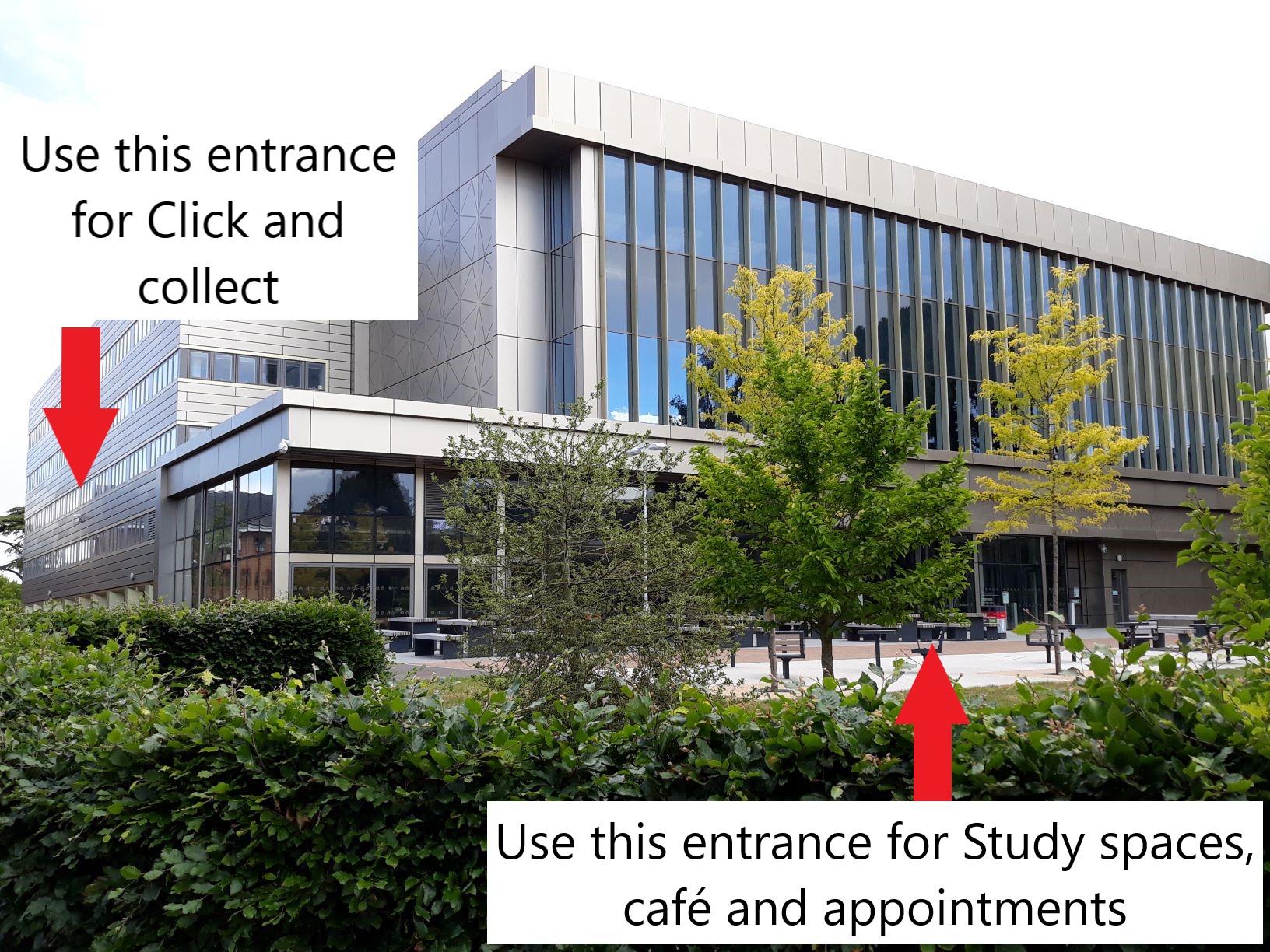 The same image of the library as previously, with arrows pointing to the main entrance (used for study spaces, the café, and IT service desk appointments) and the click and collect entrance ( on the north side of the building, used for click and collect services)