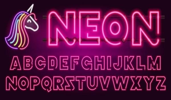 Bảng chữ cái neon sáng trên nền tối