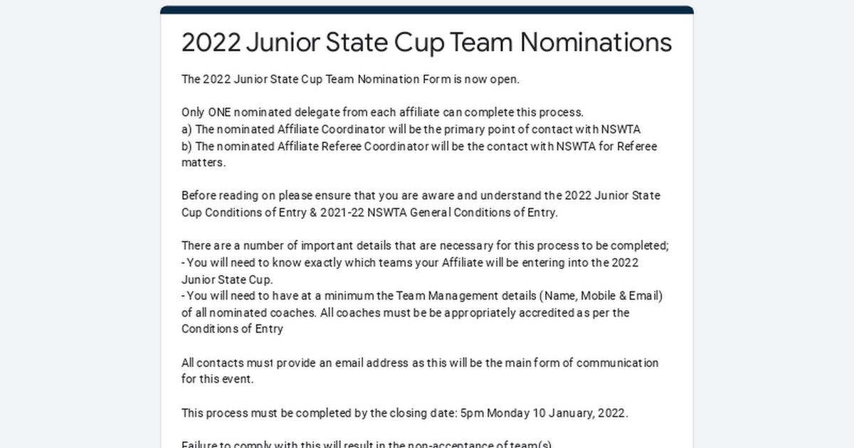 2022 junior state cup team nominations