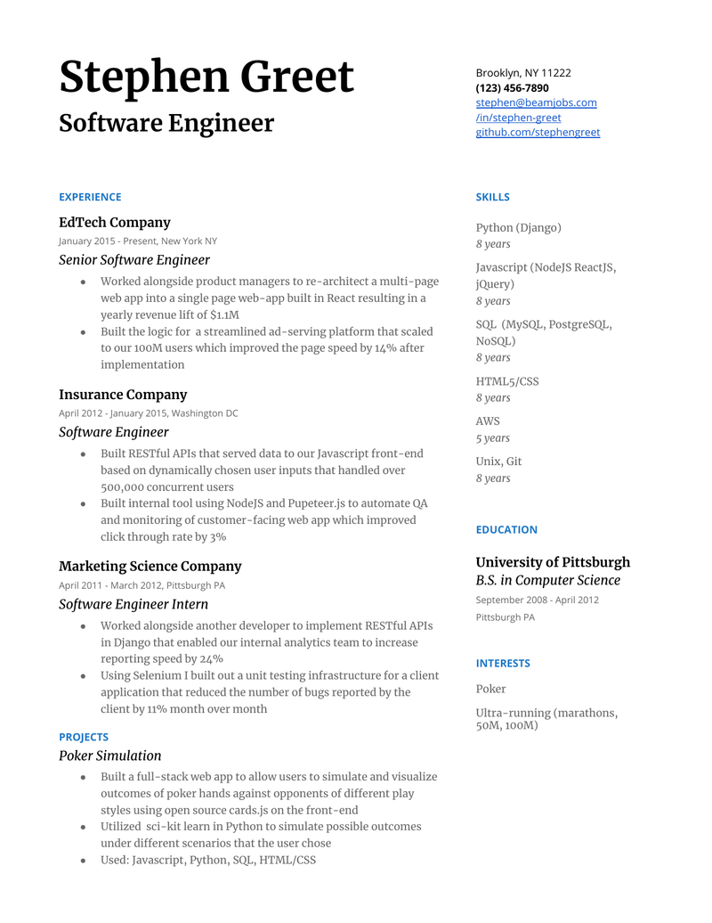 resume samples for tech jobs