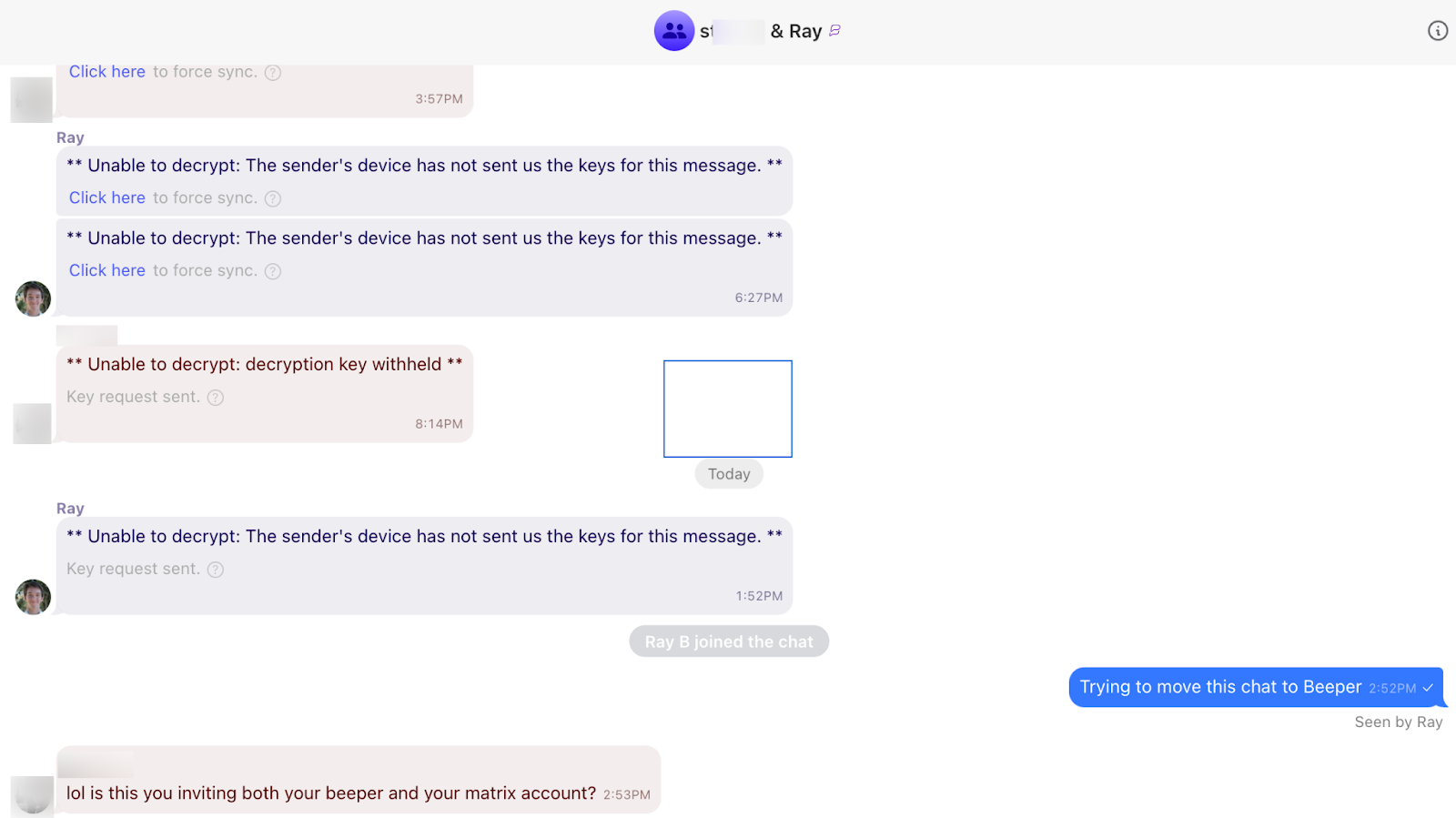 Screenshot of Beeper chat with previously metioned error message.