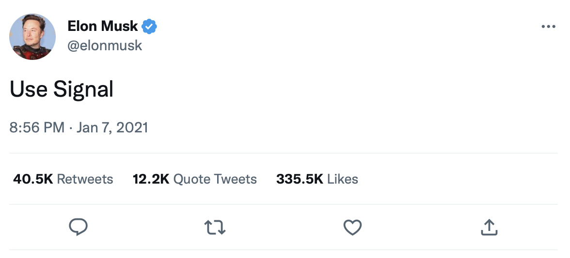 A screenshot of Elon Musk's tweet telling his followers to use Signal.