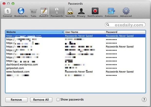 delete all saved passwords safari