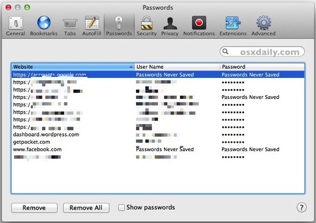 delete saved passwords safari browser