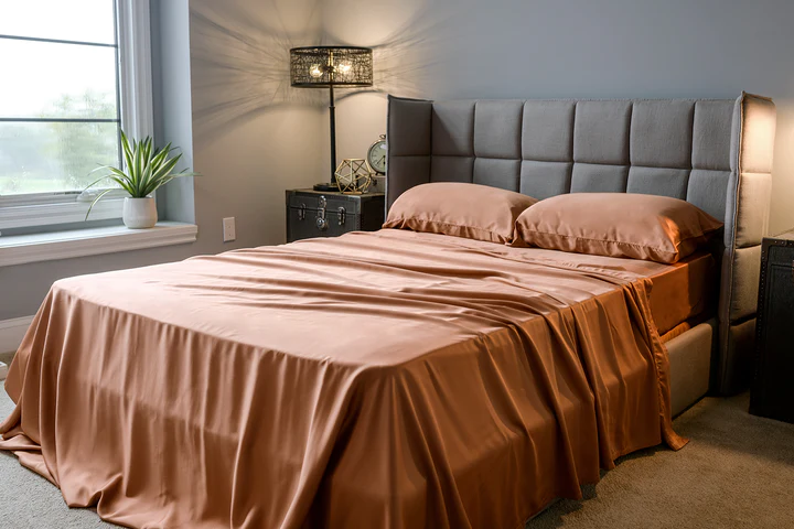 Bed draped with copper-colored sheets