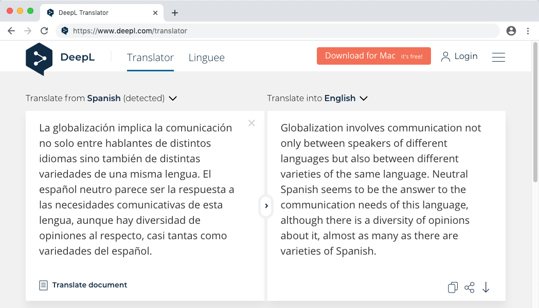 Screenshot of DeepL AI translation from Spanish to English on Globalization