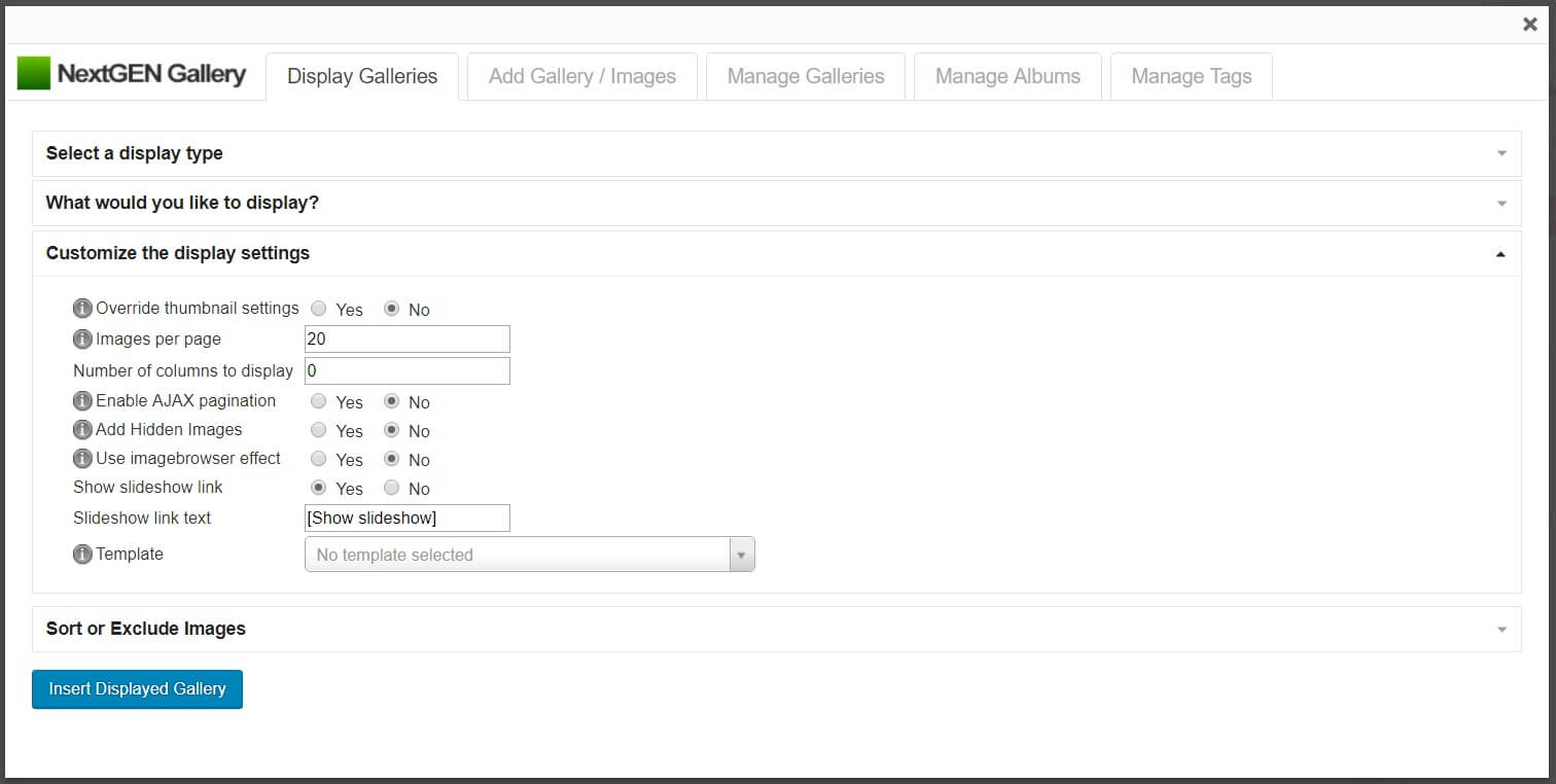 Personalize as configurações de exibição da galeria na Galeria NextGEN