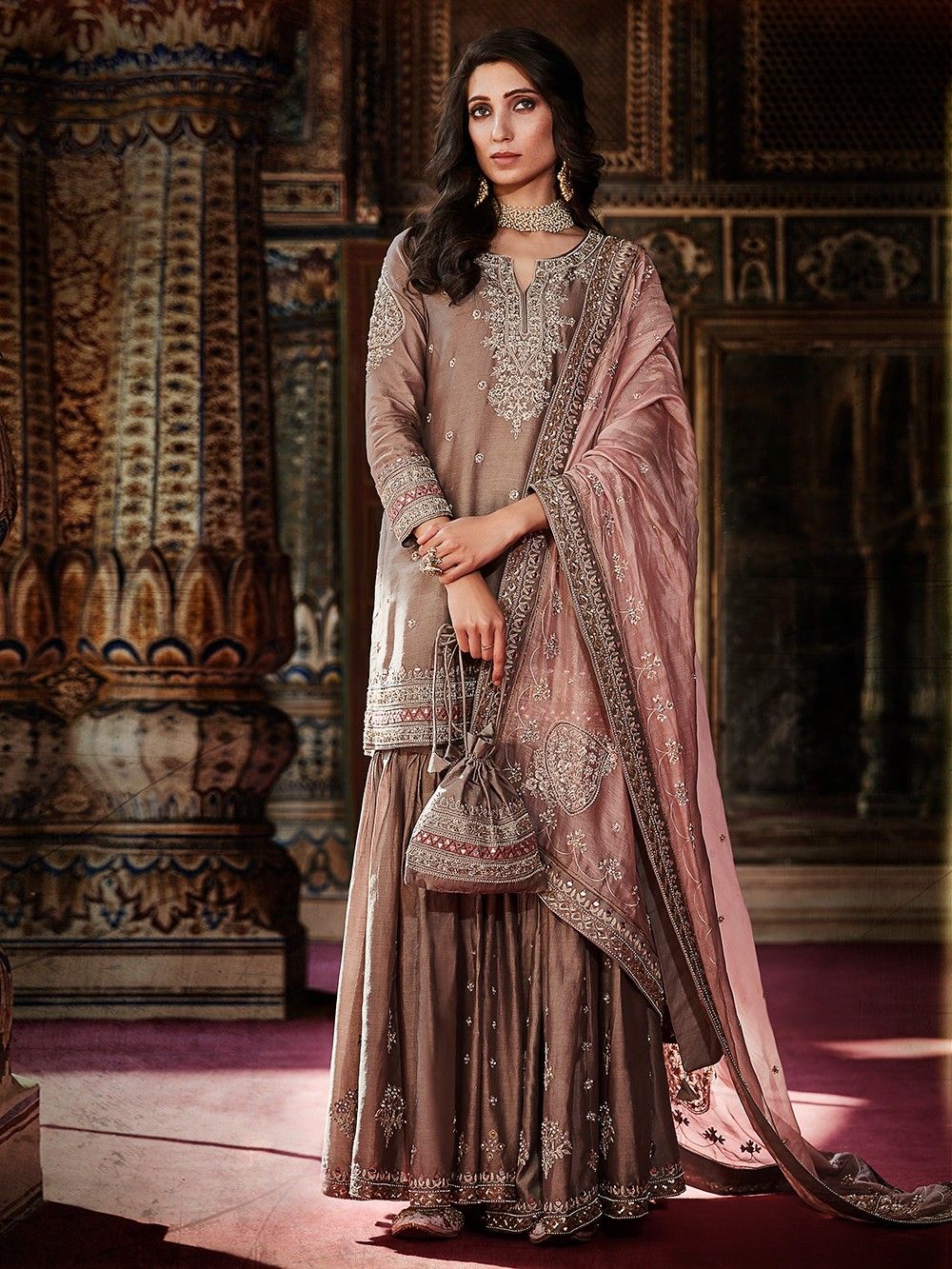 Buy Beige Hand Embroidered Chanderi Silk Sharara Suit with Mauve Net Dupatta
