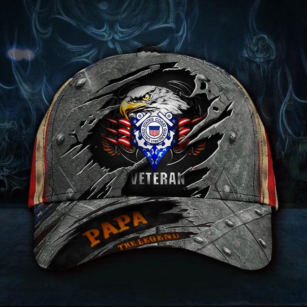 Coast Guard Veteran Papa Legend 3D Hat USA Flag Cap Vintage Proud Veteran Dad Day Gift