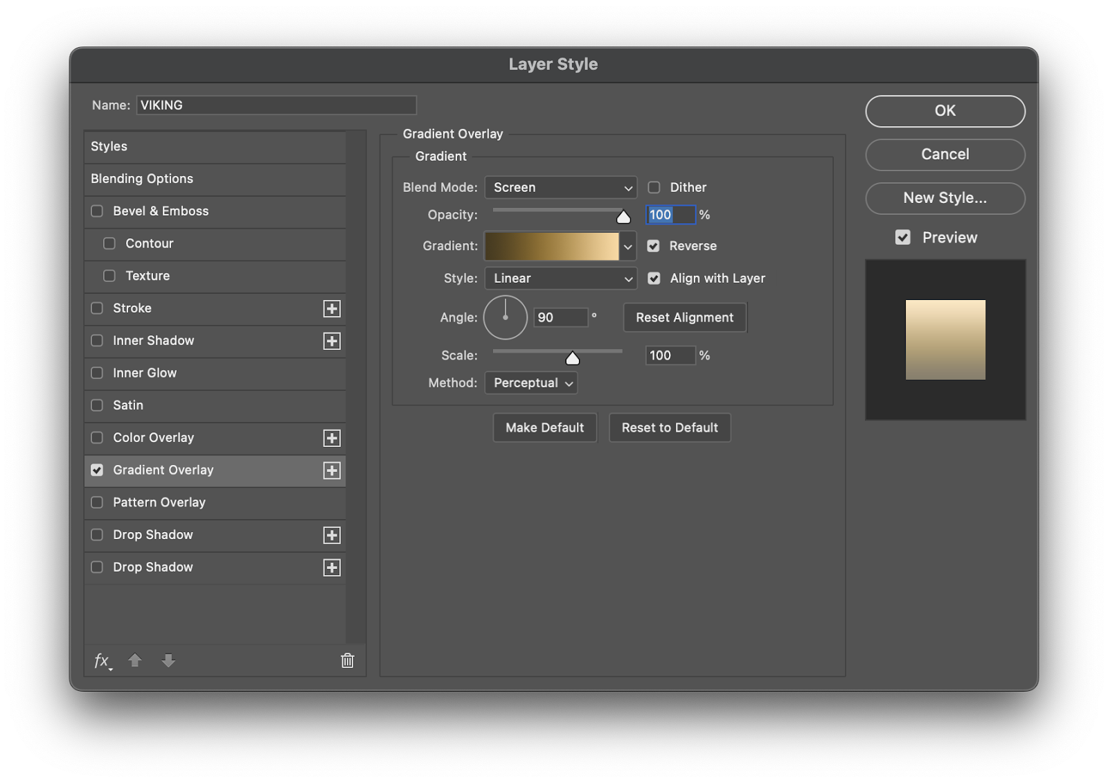 Image from the Photoshop Tutorial on how to create a simple and scalable gold effect with layer styles