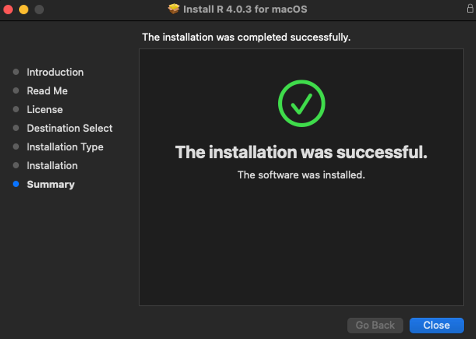 Install R on macOS – Installation finished. Source: uedufy.com