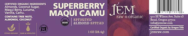 Label, JEM Raw Organic SUPERBERRY MAQUI CAMU Sprouted Almond Spread, 1 oz.
