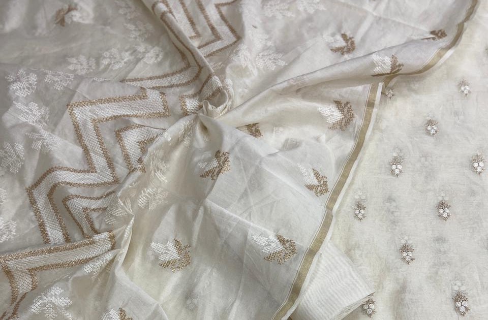 Handloom Malmal Cotton White computer resham embroidery Suit