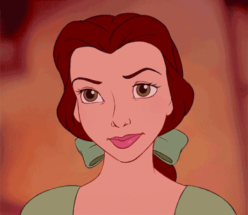 Belle from Disney's animated Beauty and the Beast raising one eyebrow with a quizzical expression.