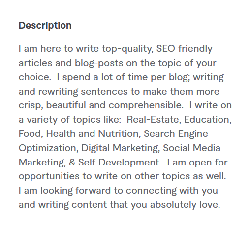 fiverr profile description example 4 - blog writing