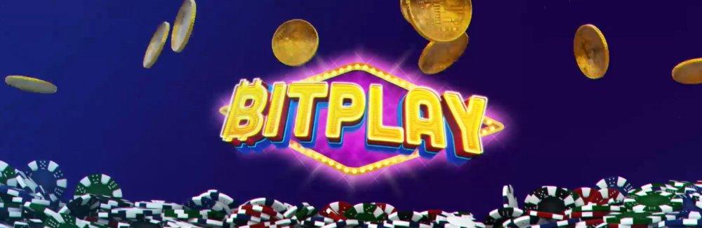 Bitplay casino logo with casino chips and cryptocurrency around