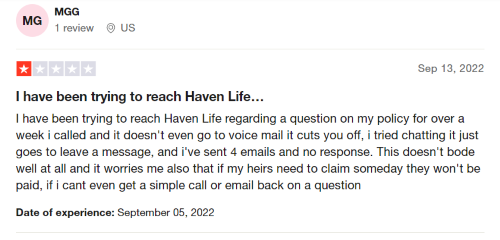 A negative Haven Life insurance review from someone who has had trouble getting in contact with customer service. 