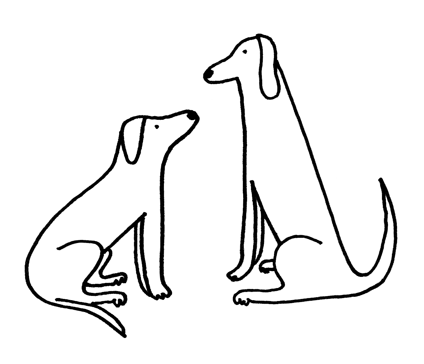 A drawing of two dogs looking at each other. 