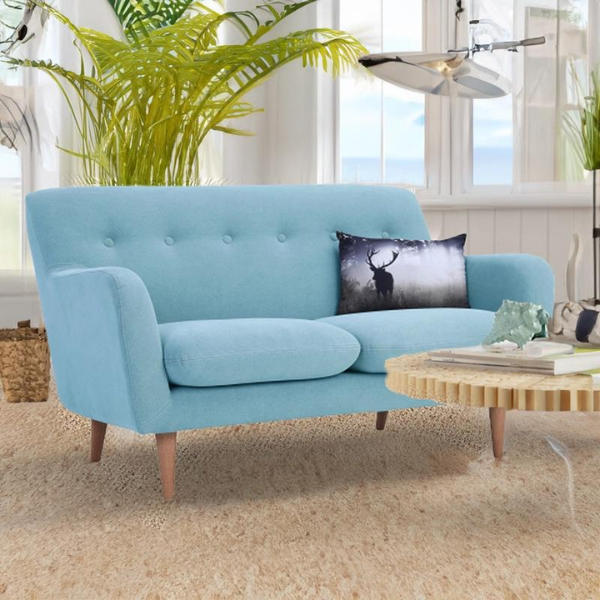 A pastel blue 2-seater sofa with fabric upholstery, featuring square rounded arms and solid wood tapered legs.