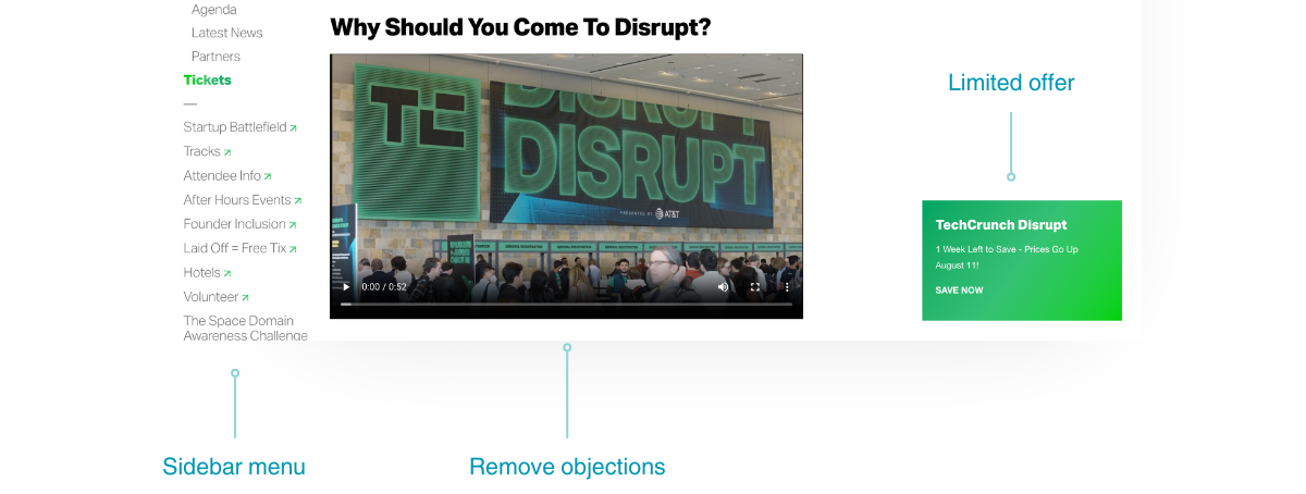 TechCrunch Disrupt 2023: sidebar menu, video and limited offer