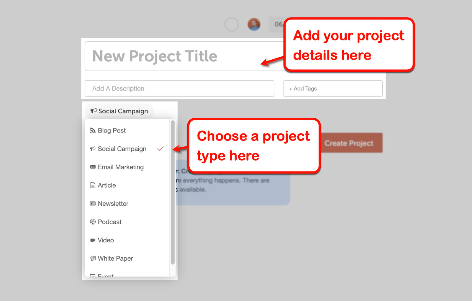 Options where project types are shown