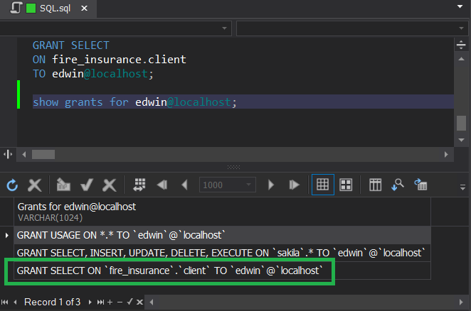 Granting SELECT only permission to a MySQL database table.