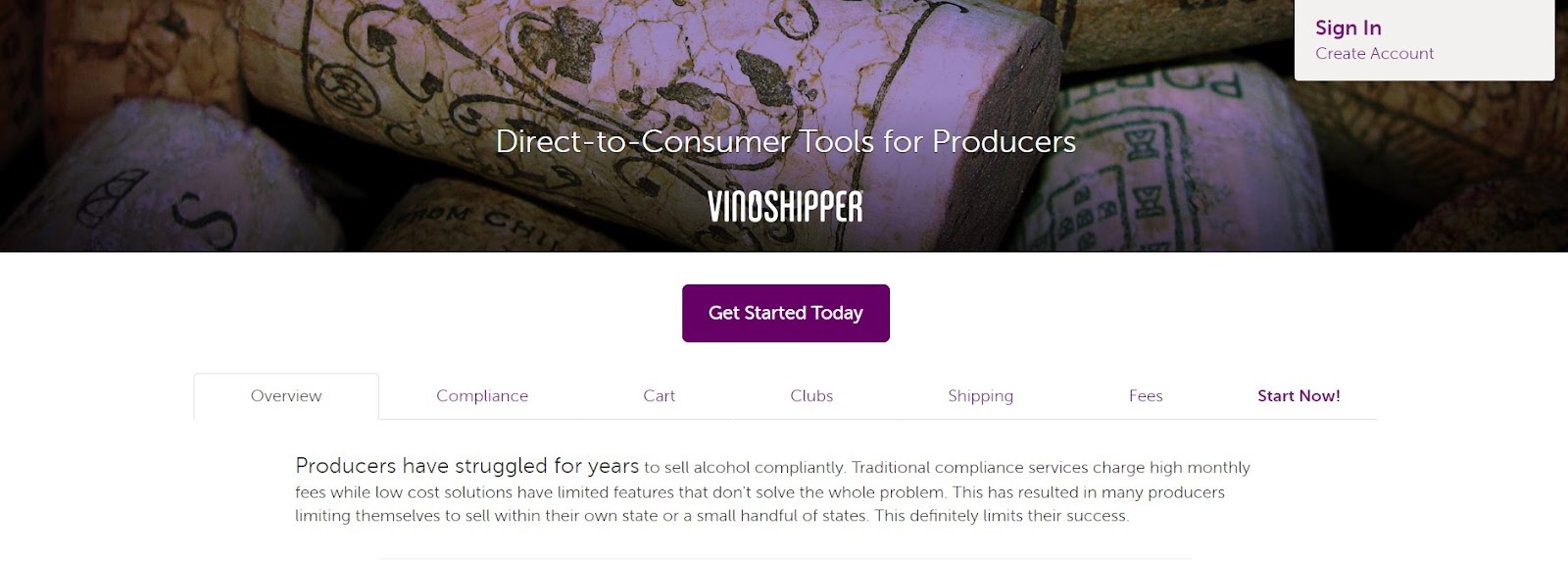 VinoShipper's landing page