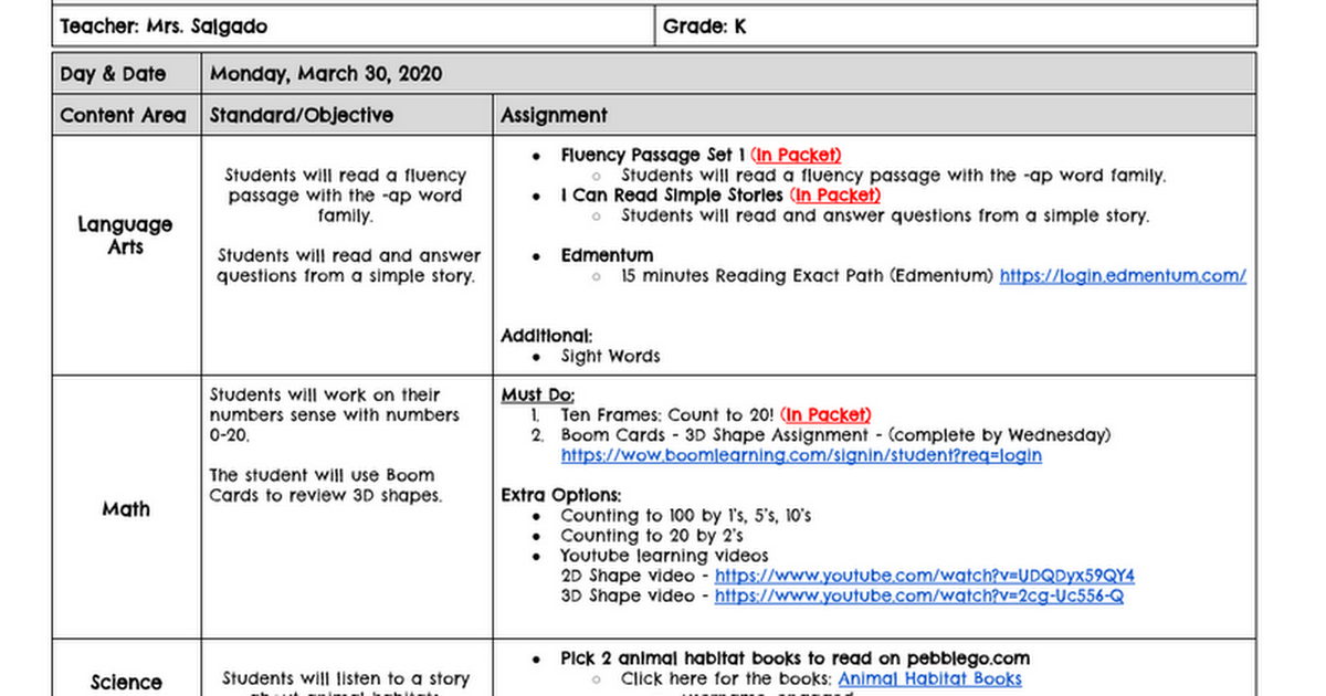 Salgado-Monday 3/30 Lesson Plans