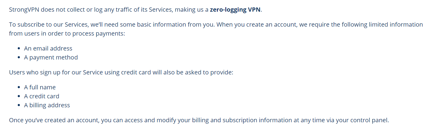 StrongVPN no-logs policy