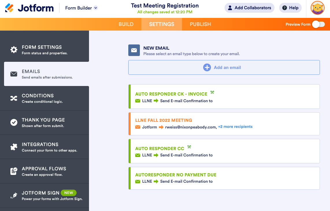 Screenshot of Jotform website, showing the settings tab, left-hand navigation is on emails.  To the right are emails settings users can edit, including one that says "LLNE Fall 2022 Meeting."