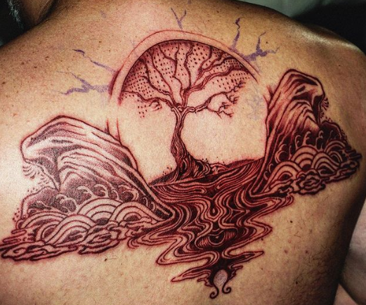 Red Waves Tree Tattoo