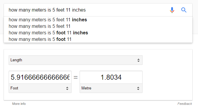 Screenshot of search result for the query “how many meters is 5 feet 11 inches”