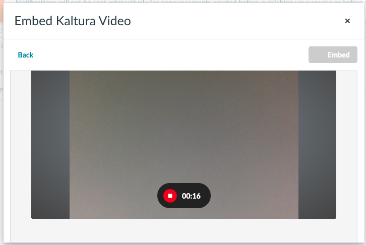embed kaltura video instant recording screen currently recording