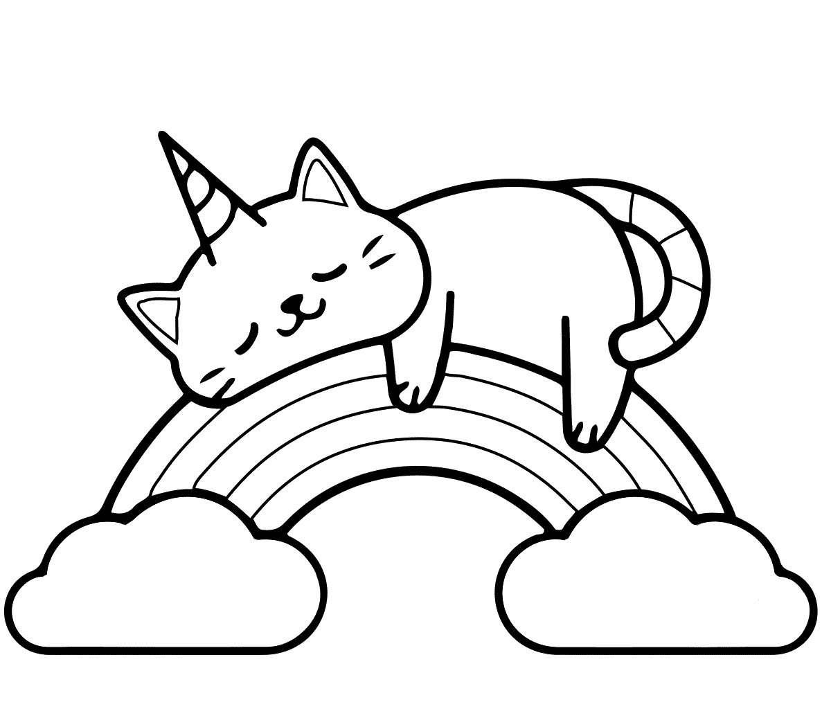 Unicorn cat lies on the rainbow Coloring Pages