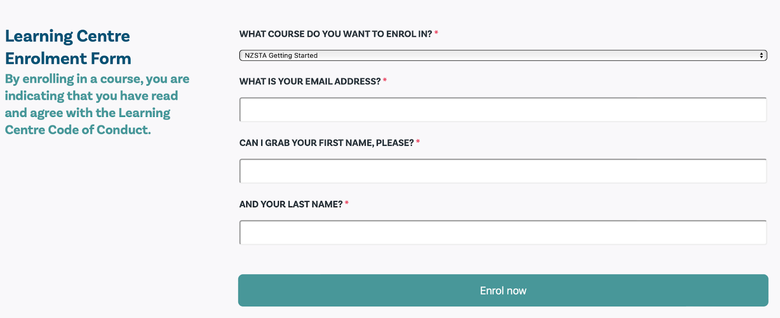Screenshot of learning centre enrolment form on NZSTA's website. It has a dropdown for course choice and asks people for email address and first and last name.